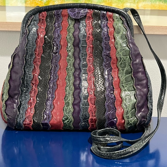 Sharif Leather Patch Purse Shoulder Bag Snake Snakeskin Clutch Vintage 80s